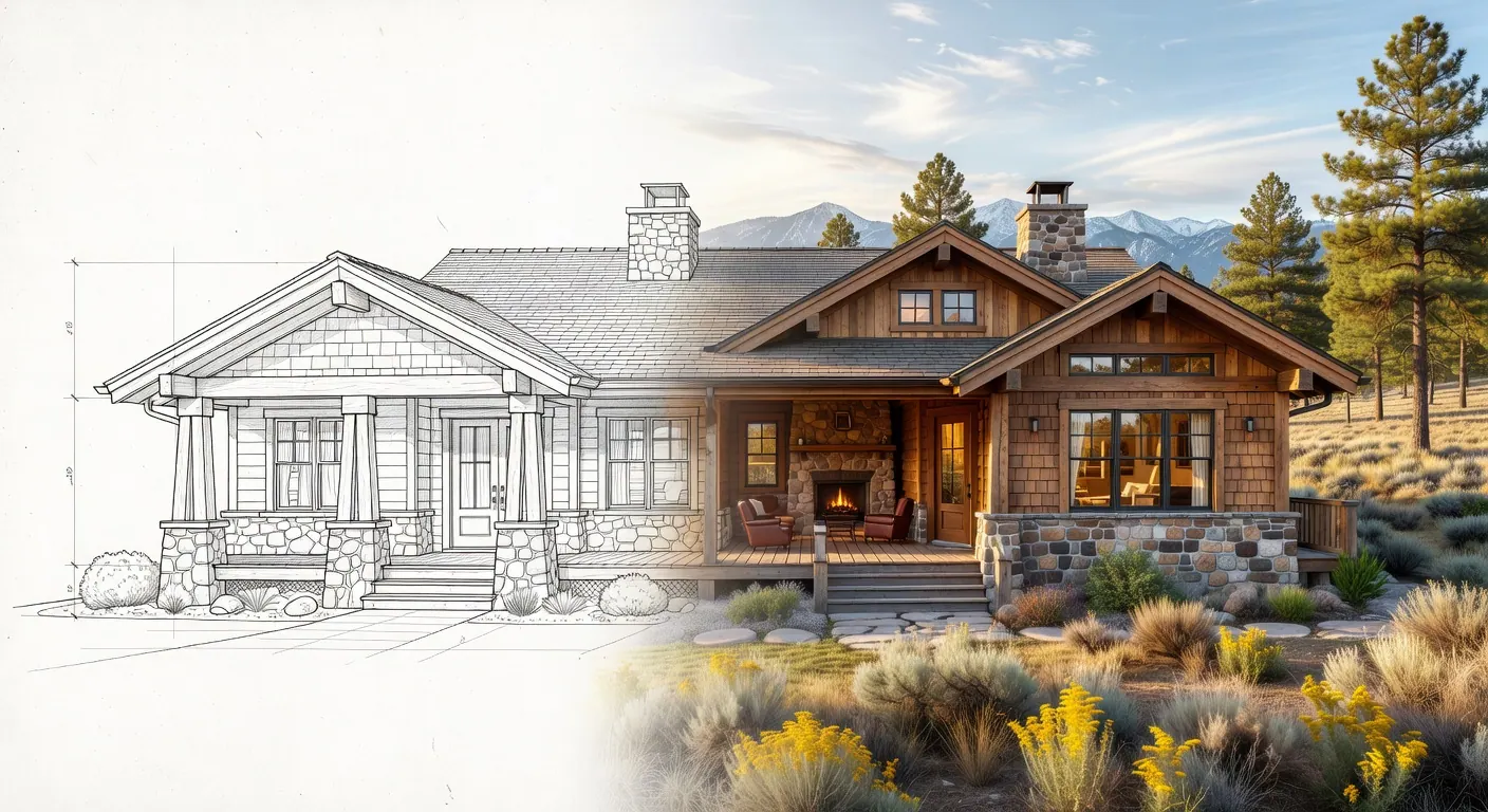 Custom home design sketch transitioning into a built Idaho residence