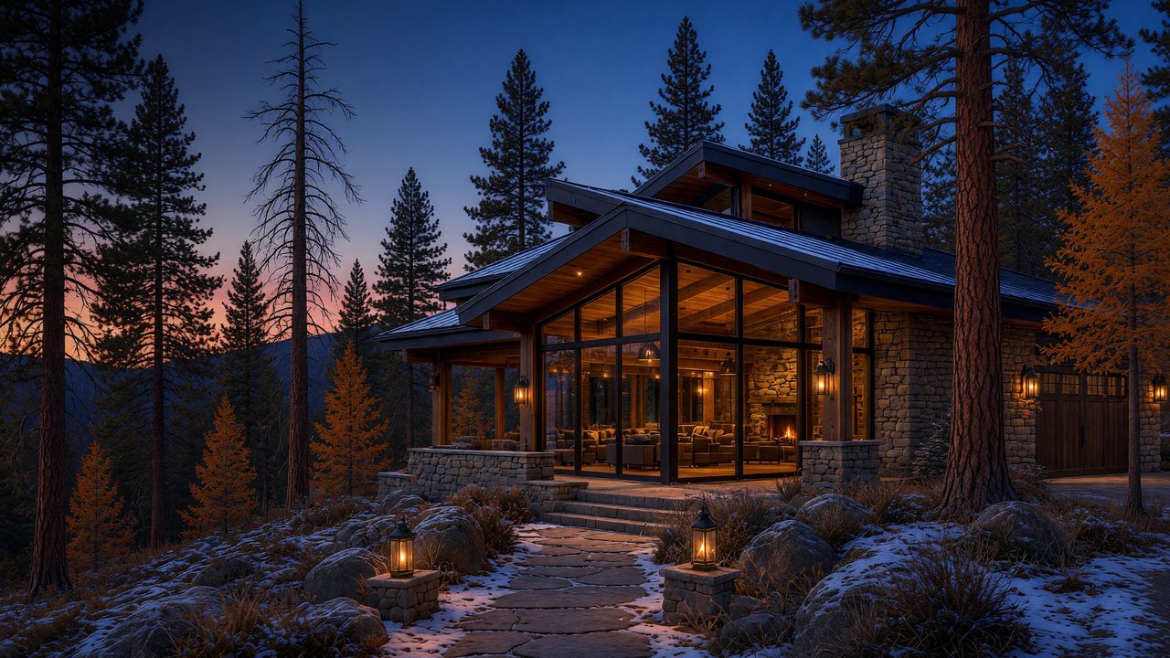 Concept rendering of a mountain modern home on a forested McCall lot at dusk