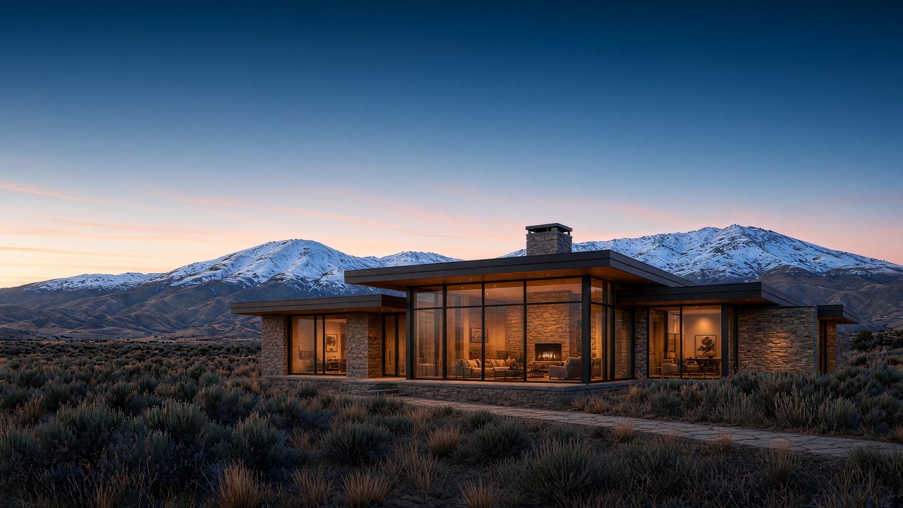 Concept rendering of a mountain modern home on a forested McCall lot at dusk