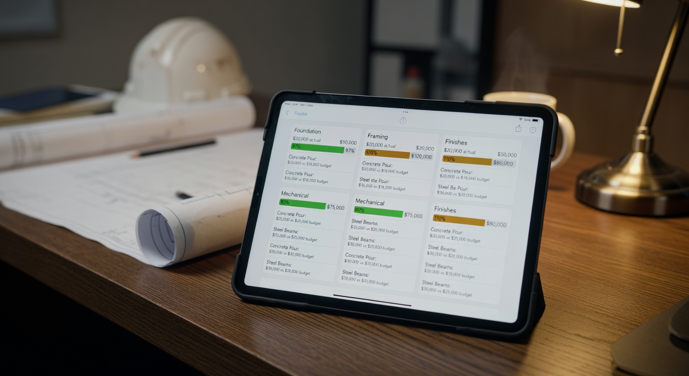 JobTread budget and selection dashboard shown on a tablet