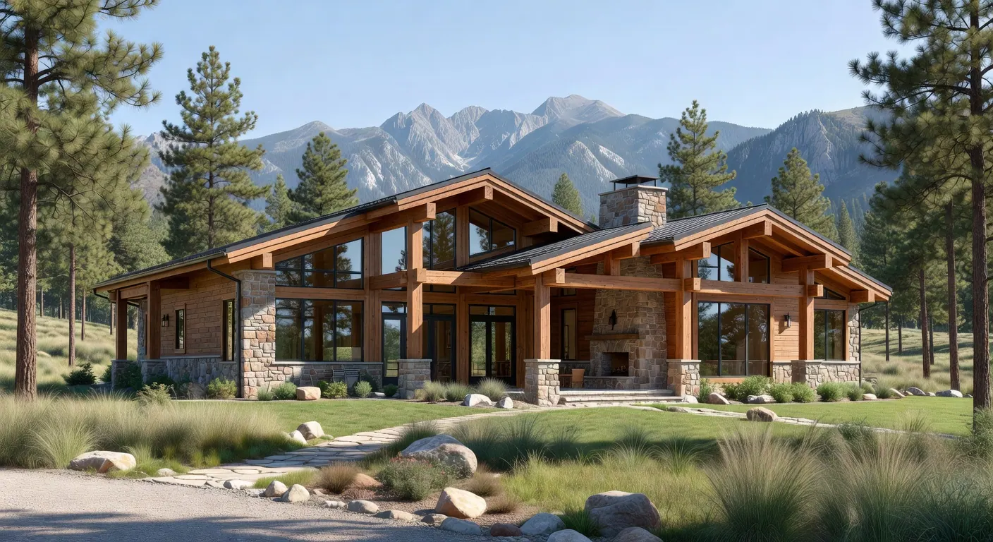 Contemporary Mountain Modern home showcasing signature timber framing and clean geometric forms in Idaho