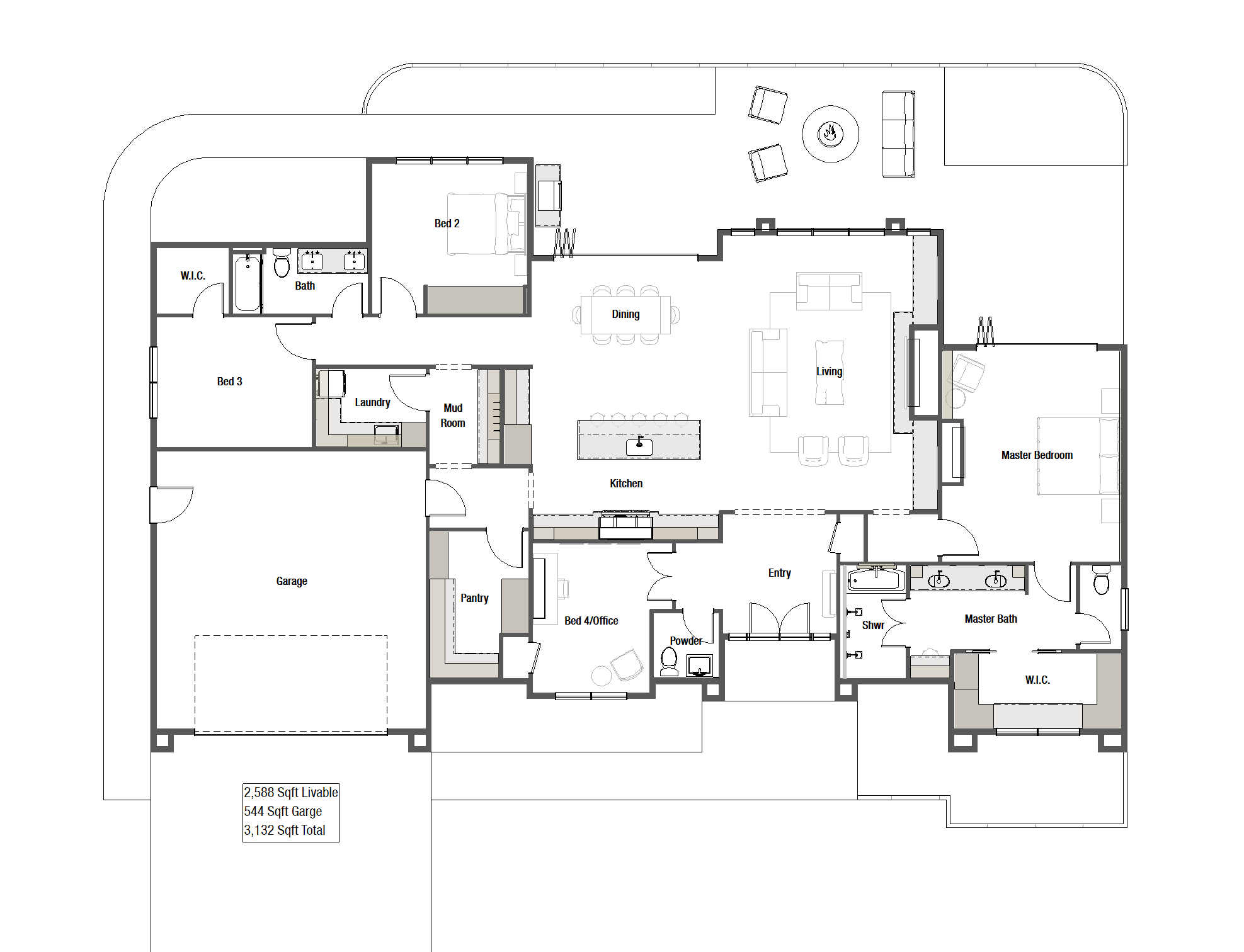 The Foothills Modern Prairie House single-level floor plan.