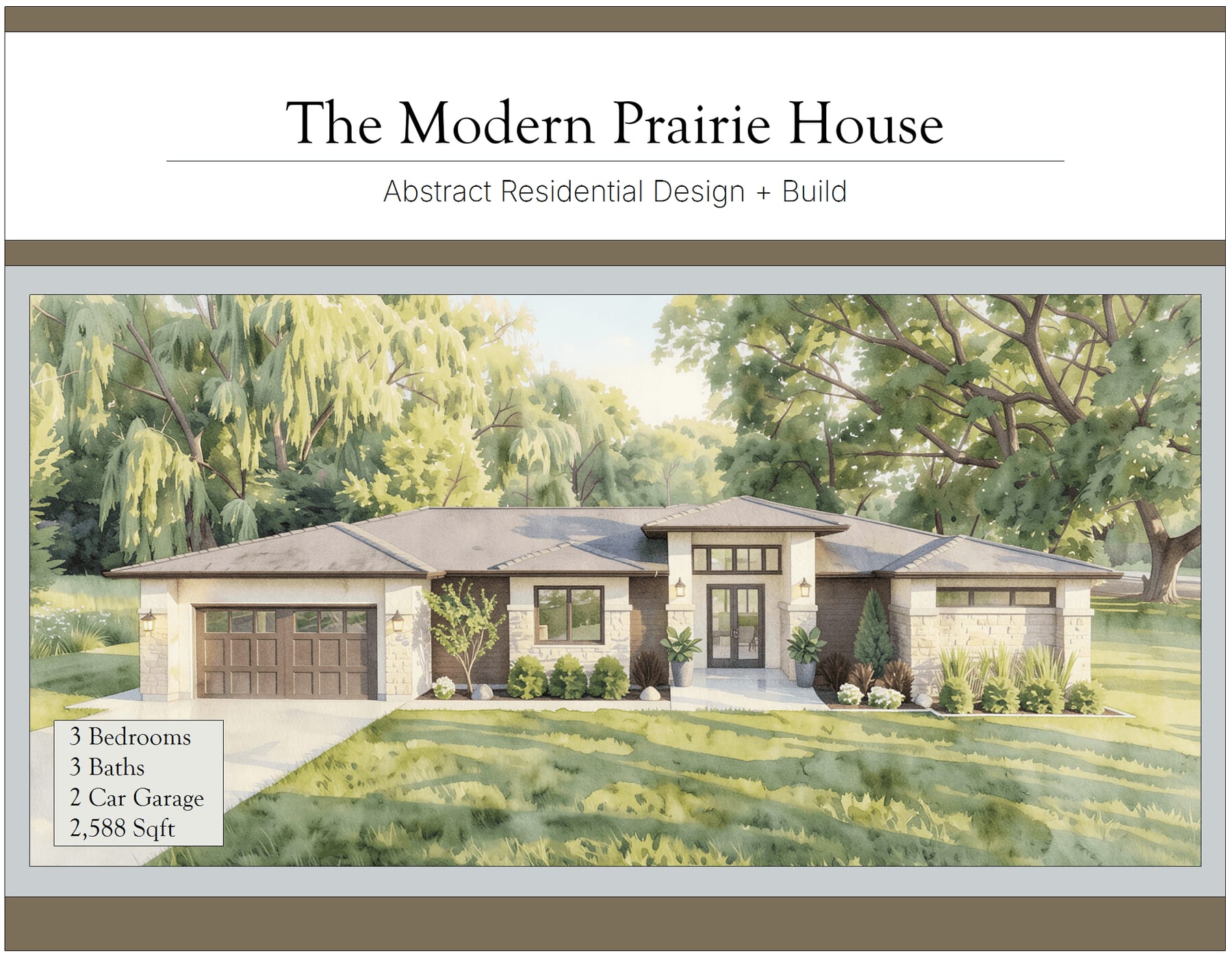 The Foothills Modern Prairie House front elevation rendering.