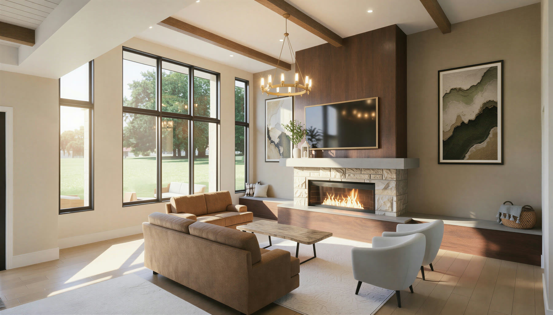 The Foothills living room fireplace view