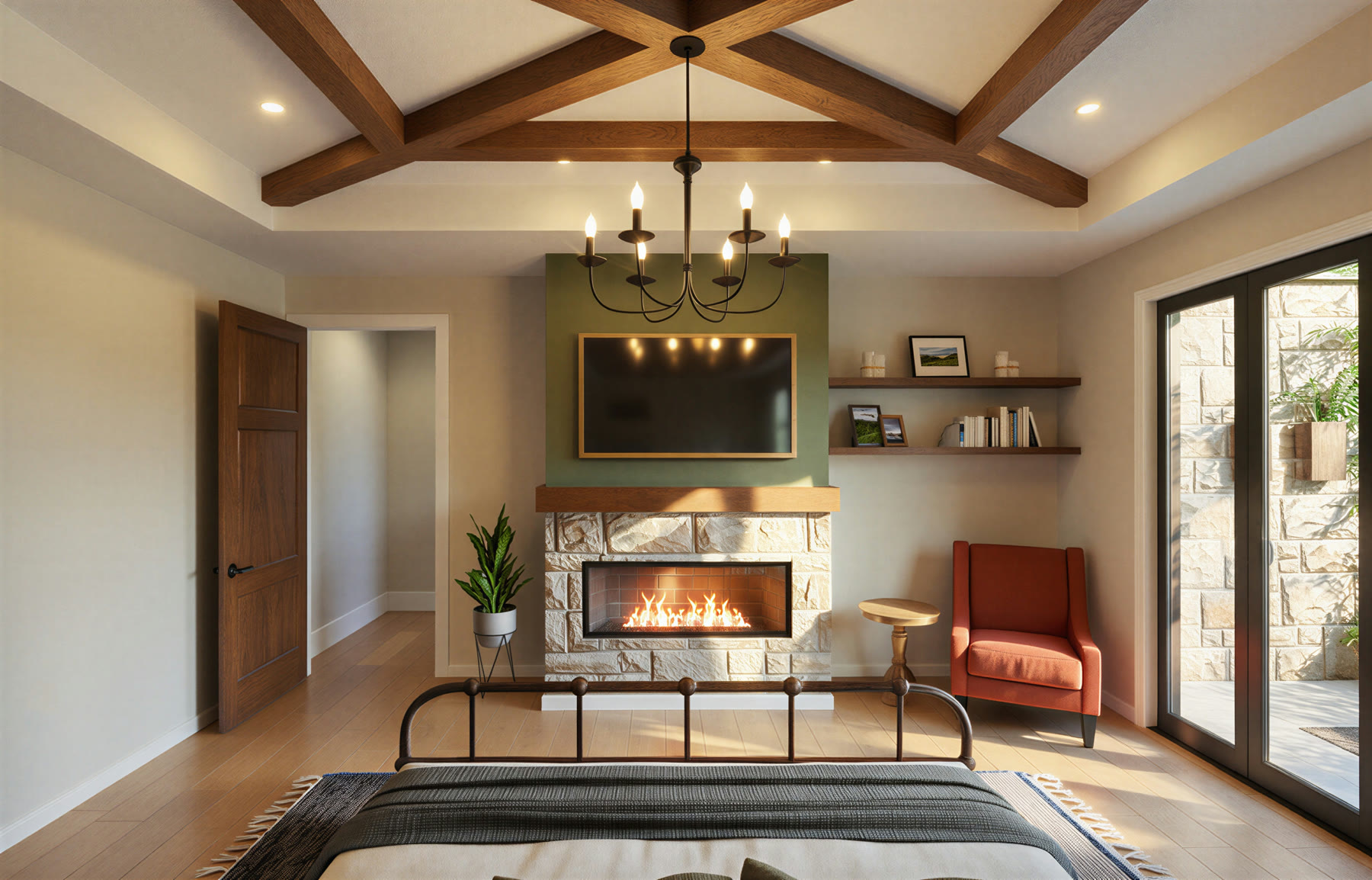 The Foothills primary bedroom fireplace wall