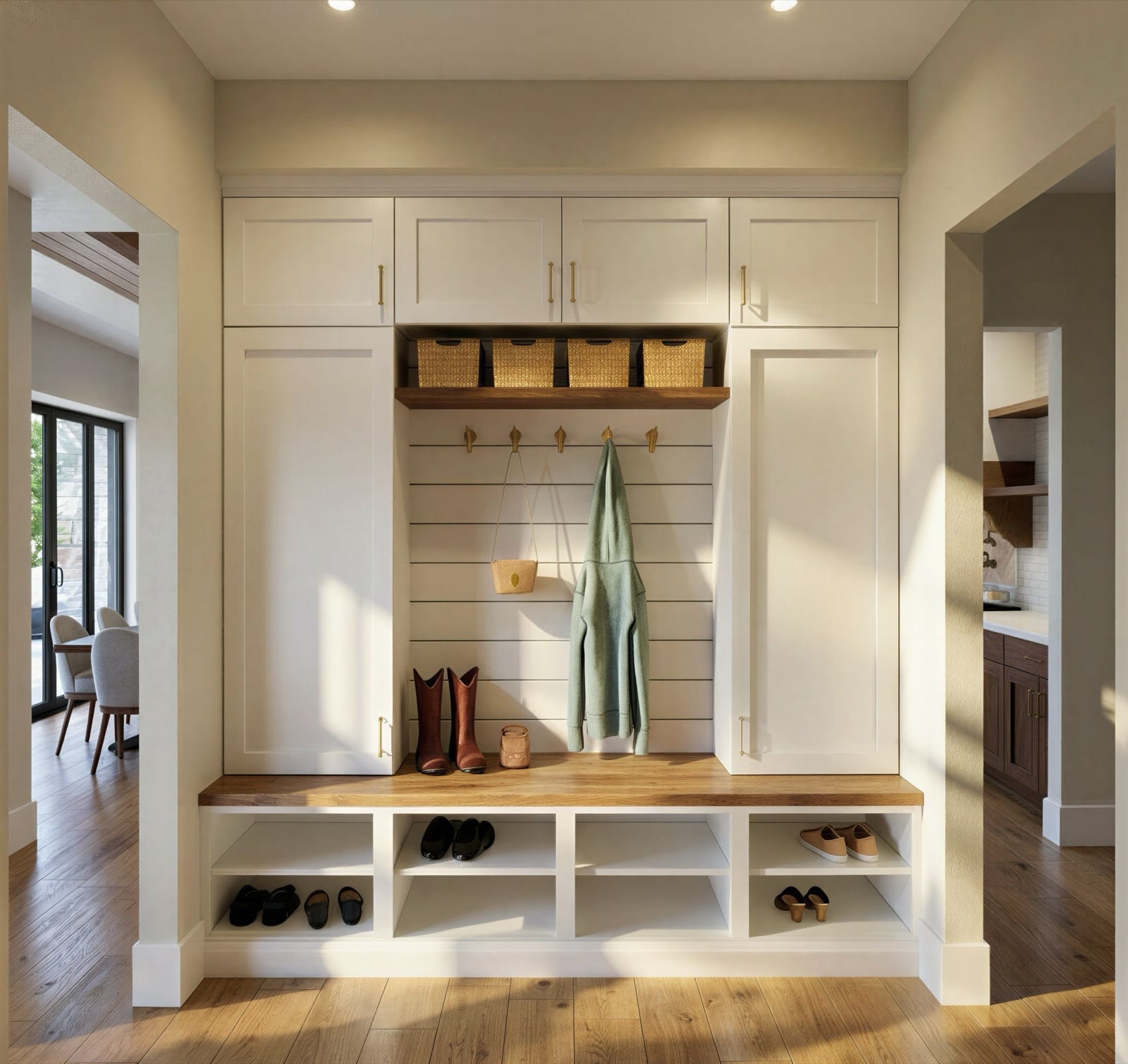The Foothills mud room with built-in storage and bench seating