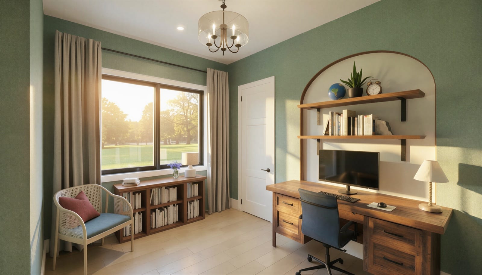 The Foothills office with built-in desk and green wall finish