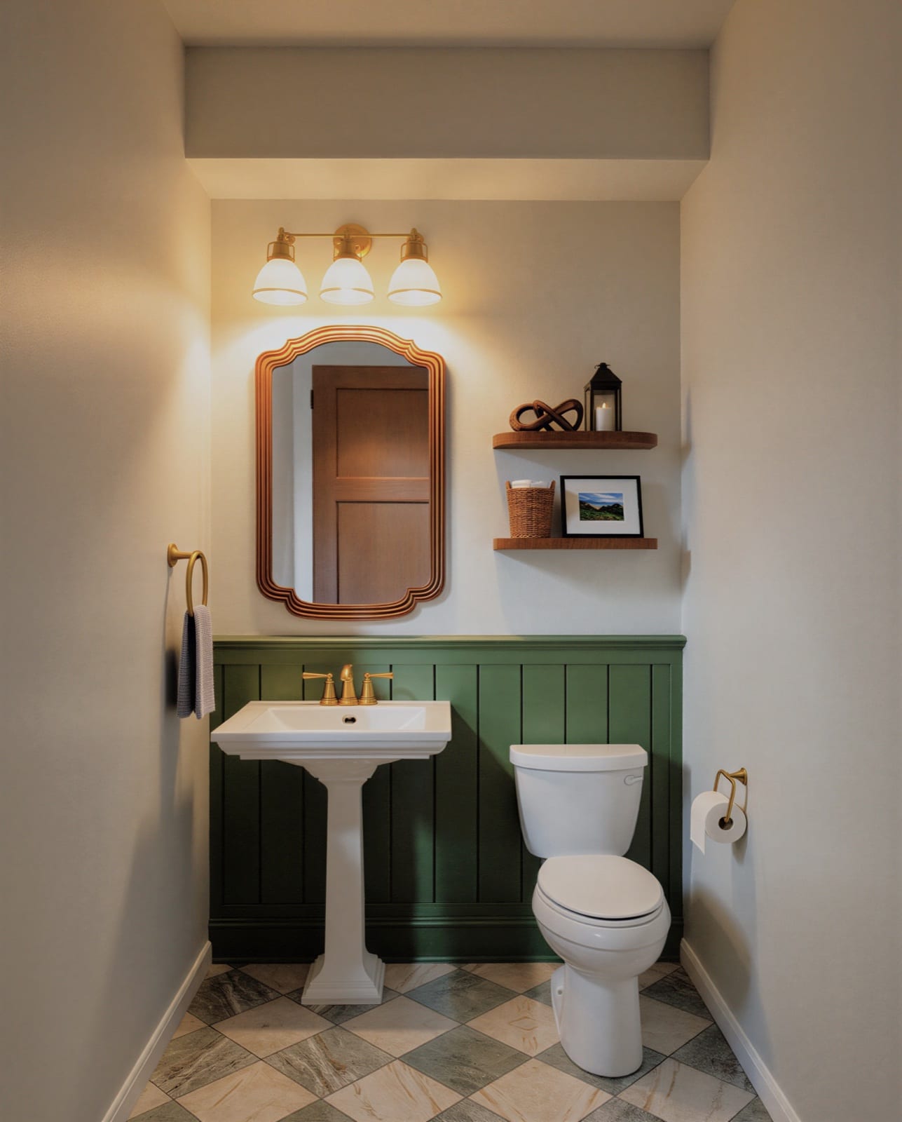 The Foothills powder bathroom with green wainscot and pedestal sink
