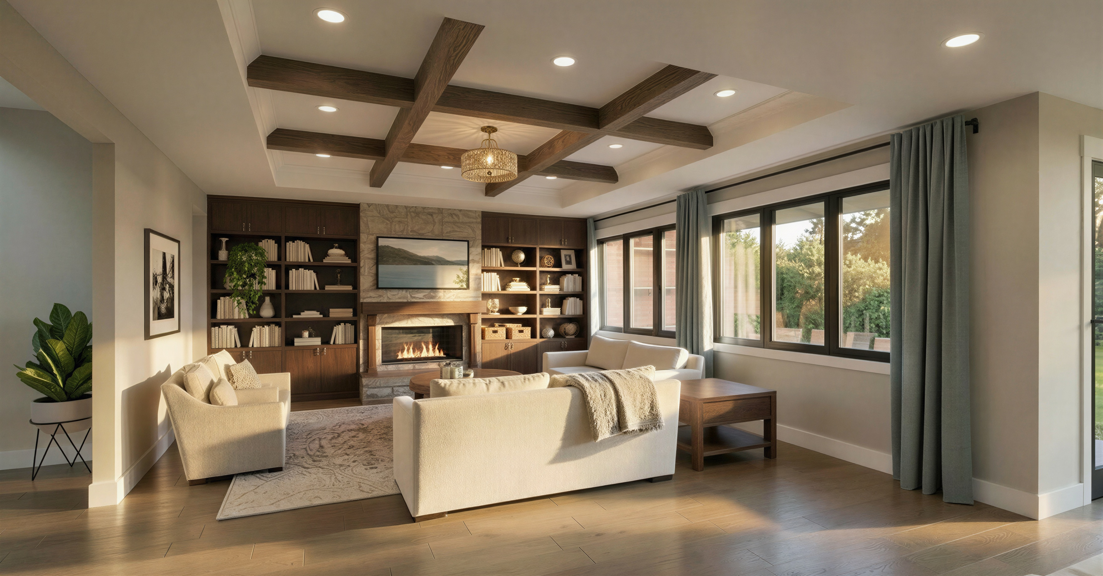 The Riverbend great room with fireplace