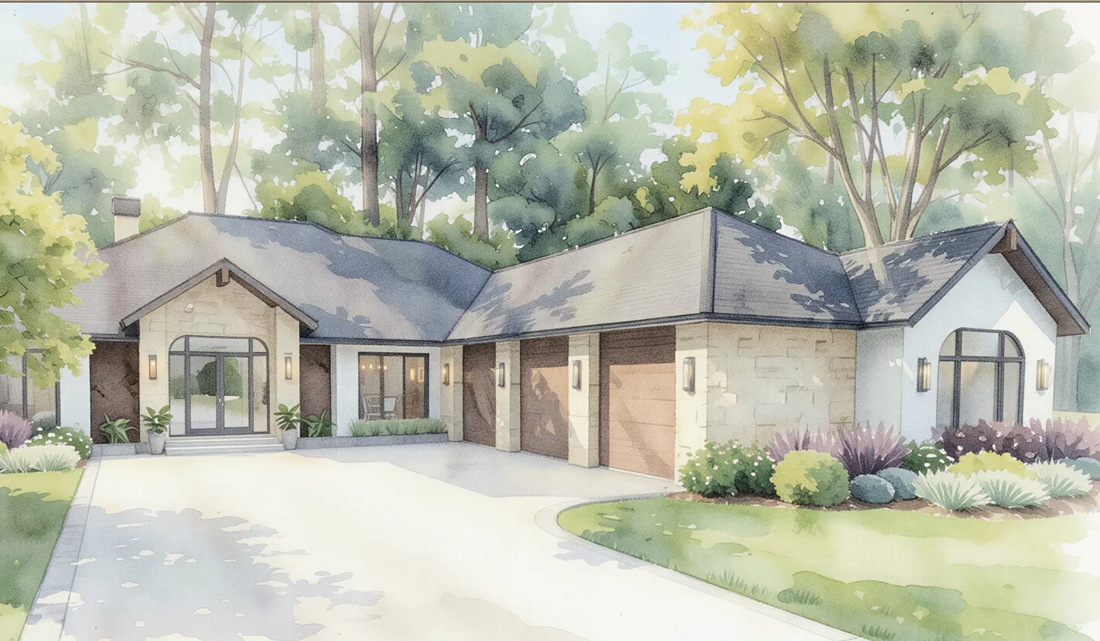 Watercolor front elevation rendering for The Clearwater customizable home design