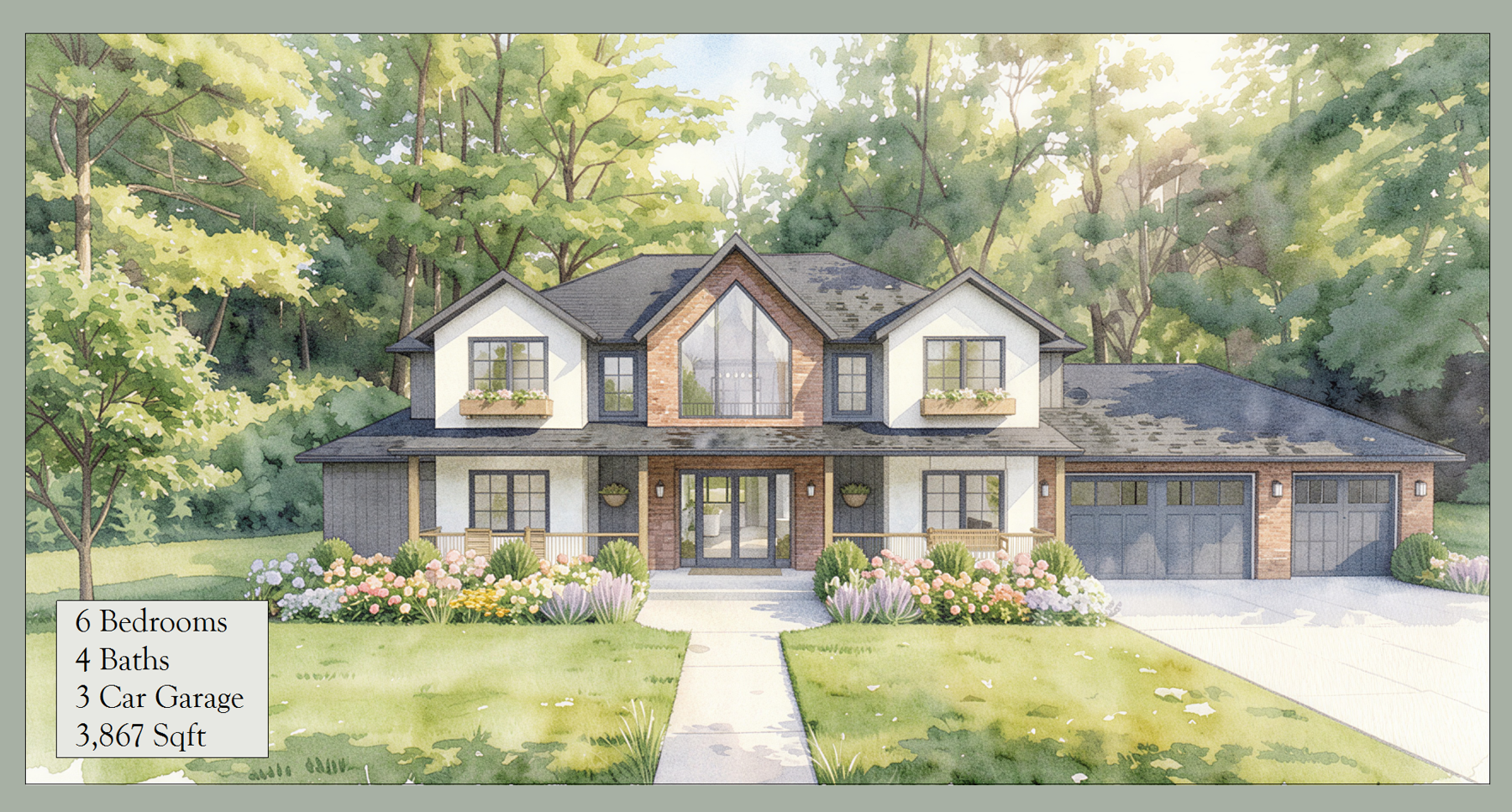 Watercolor front elevation rendering for The Riverbend customizable home design