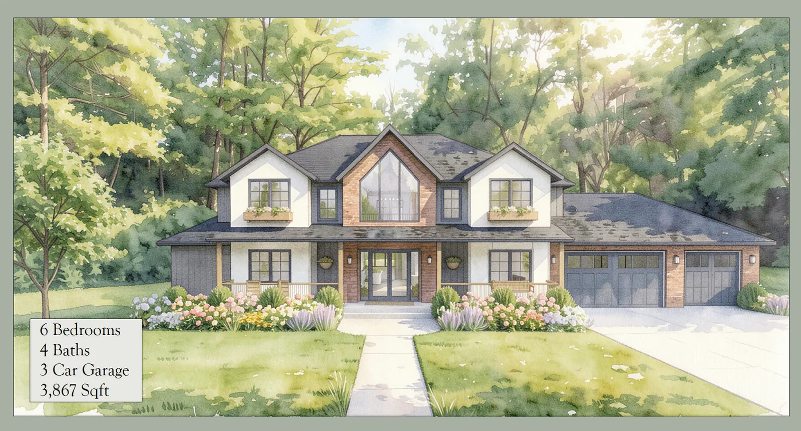 Watercolor front elevation rendering for The Riverbend customizable home design