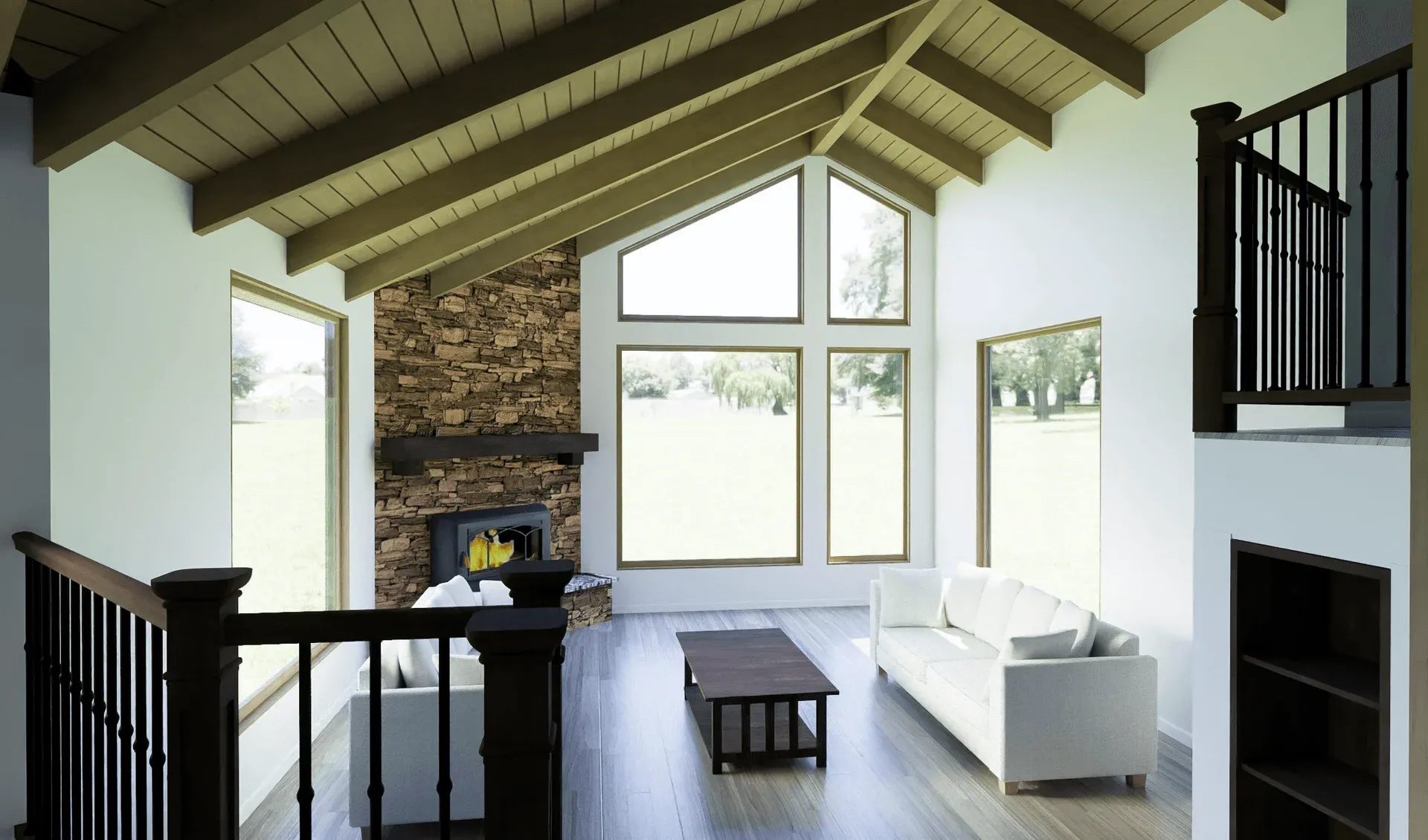 Custom home living room with a vaulted wood ceiling and tall windows