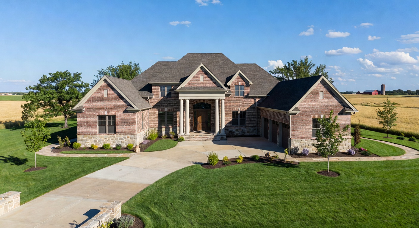 Traditional custom home in Middleton Idaho with agricultural backdrop